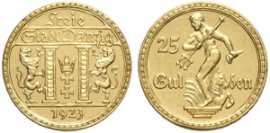 Danzig, Free City, 25 Gulden 1923, RR Au mm ... 