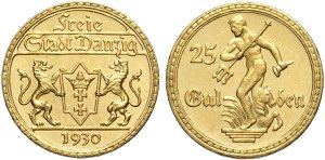 Danzig, Free City, 25 Gulden 1930, Au mm 22 ... 