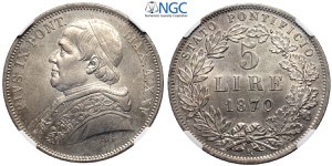 Roma, Pio IX (1846-1870), 5 Lire 1870-XXV, ... 