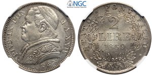 Roma, Pio IX (1846-1870), 2 Lire 1869, Ag mm ... 