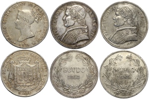 Parma e Roma, lotto di 3 monete: 5 Lire 1815 ... 