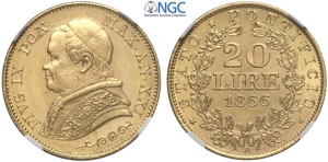 Roma, Pio IX (1846-1870), 20 Lire 1866-XXI, ... 