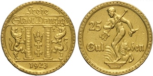 Danzig, Free City, 25 Gulden 1923, RR Au 22 ... 