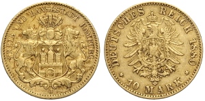 Germany Hamburg, Free City, 10 Mark 1880-J, ... 