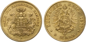 Germany Hamburg, Free City, 5 Mark 1877-J, ... 