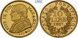 Roma, Pio IX (1846-1870), 10 Lire 1867-XXII, ... 