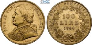 Roma, Pio IX (1846-1870), 100 Lire 1866-XXI, ... 