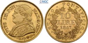 Roma, Pio IX (1846-1870), 10 Lire 1867-XXI, ... 