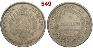 Bolivia - Republic - Boliviano 1872 PTS FE - ... 