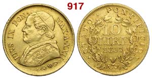 Roma - Pio IX - 10 Lire 1867 XXII - Rara AU ... 