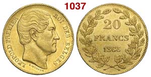 Belgium - Leopold I - 20 Francs 1865 - AU mm ... 