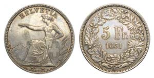 Switzerland - 5 Francs 1851 A - Ag mm 37 - ... 