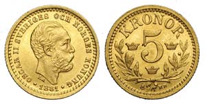 Sweden - Oscar II - 5 Kronor 1881 - Au mm 16 ... 