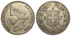 Switzerland - 5 Francs 1892 - Ag mm 37 - ... 