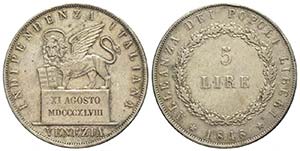 Venezia, Governo Provvisorio, 5 Lire 1848 ... 