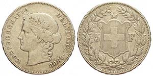 Switzerland, Confederation, 5 Francs 1892, ... 