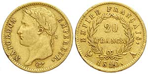 France, Napoleon I, 20 Francs 1810 A, Au mm ... 