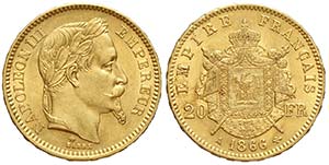 France, Napoleon III, 20 Francs 1866 A, Au ... 