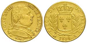 France, Louis XVIII, 20 Francs 1814 K, Non ... 