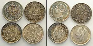 Canada, Lotto di 4 monete da 10 Cents: 1870 ... 