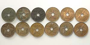 Congo, Lotto di 12 monete da 5 Centimes, ... 