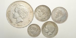 Spain, Lotto di 5 monete 1893-1899 ... 
