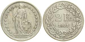 Switzerland, Confederation, 2 Francs 1901, ... 