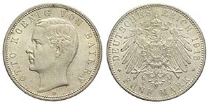 Germany, Bavaria, Otto, 5 Mark 1913 D, Ag mm ... 