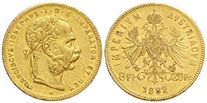 Austria, Franz Joseph I, 20 Francs 1882, Au ... 