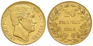Belgium, Leopold I, 20 Francs 1865, Au mm ... 