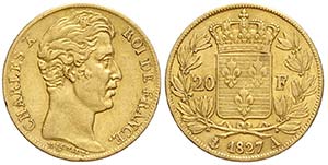 France, Charles X, 20 Francs 1827 A, Au mm ... 
