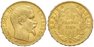 France, Napoleon III, 20 Francs 1859 A, Au ... 