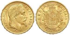France, Napoleon III, 20 Francs 1870 A, Au ... 