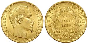 France, Napoleon III, 20 Francs 1860 A, Au ... 