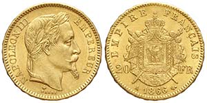 France, Napoleon III, 20 Francs 1866 A, Au ... 