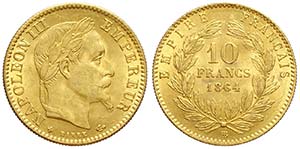 France, Napoleon III, 10 Francs 1864 BB, Au ... 