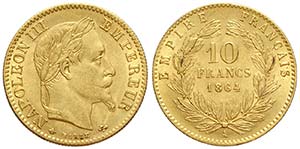 France, Napoleon III, 10 Francs 1864 A, Au ... 