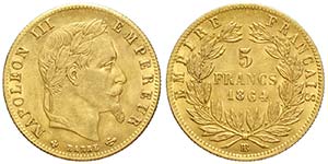 France, Napoleon III, 5 Francs 1864 BB, Au ... 