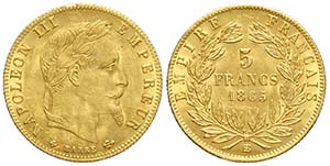 France, Napoleon III, 5 Francs 1865 BB, Au ... 