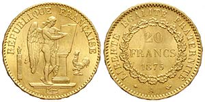 France, Third Republic, 20 Francs 1875 A, Au ... 