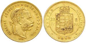 Hungary, Franz Joseph I, 20 Francs 1873, Au ... 