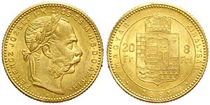 Hungary, Franz Joseph I, 20 Francs 1881, Au ... 