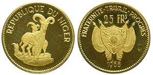 Niger, Republic, 25 Francs 1968, Au mm 26,5 ... 