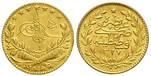 Turkey, Muhammad V, 25 Kurush 1327/4, Au mm ... 