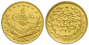 Turkey, Muhammad V, 25 Kurush 1327/3, Au mm ... 