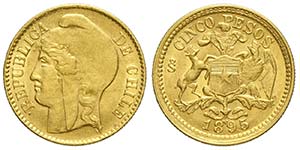 Chile, Republic, 5 Pesos 1895, Au mm 16,5 g ... 