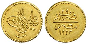 Egypt, Mahmud II, 5 Qirsh 1223/29, Au mm 12 ... 