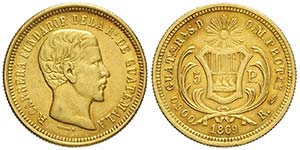 Guatemala, Republic, 5 Pesos 1869, Au mm ... 