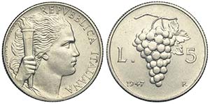 Repubblica Italiana, Monetazione in Lire, 5 ... 