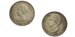 Spain, Lotto di 2 monete: 5 Pesetas 1875 ... 